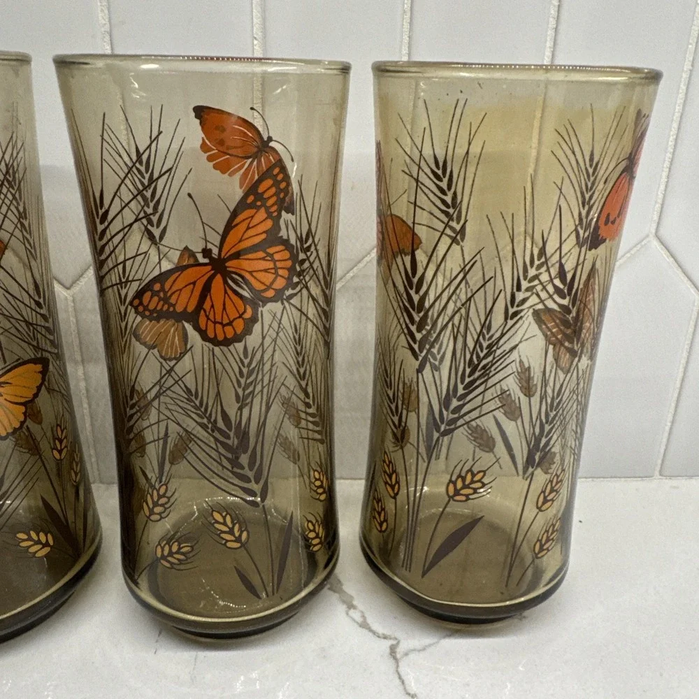 VINTAGE Libbey Amber Monarch Butterfly & Wheat Tumbler Glasses Set of 4